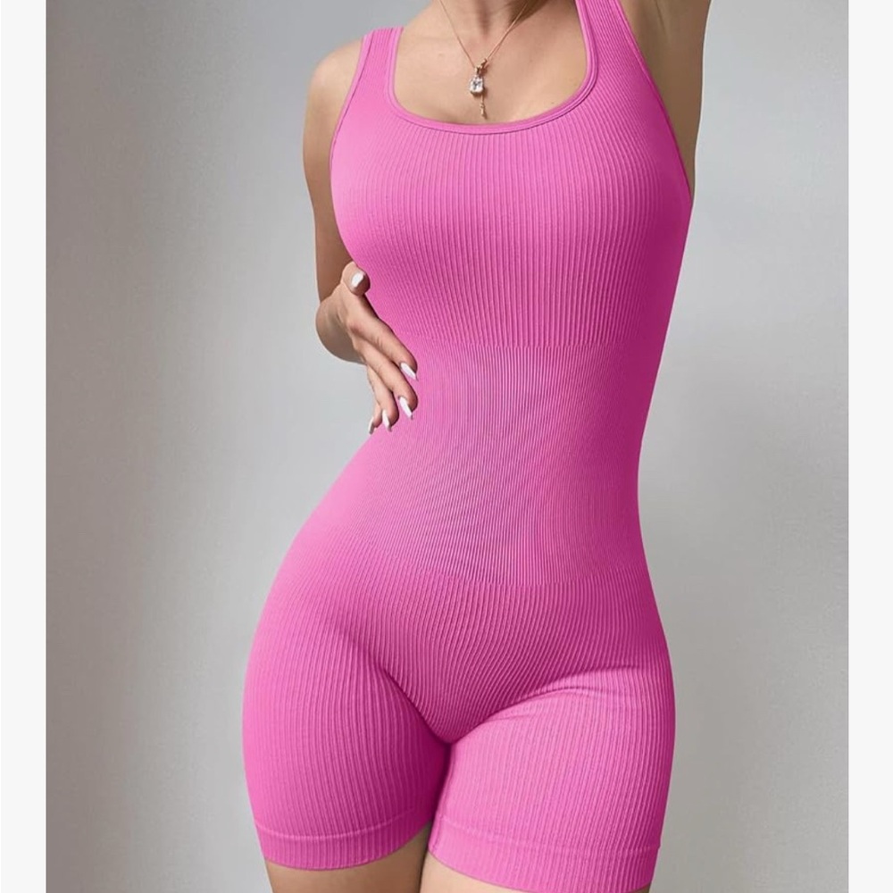Pink Stretchy Jumpsuit with Scoop Neckline - Picture 2 of 7